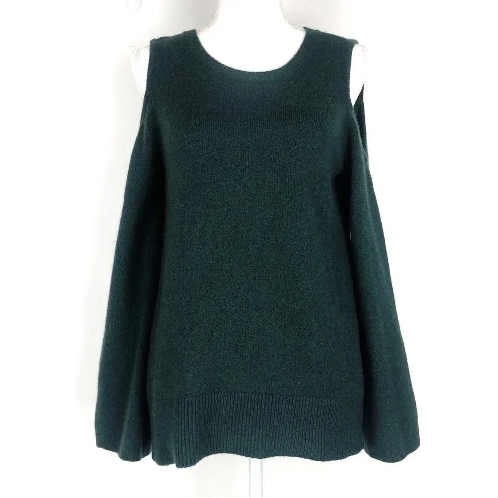 LOFT Green Cold Shoulder Bell Sleeve Sweater